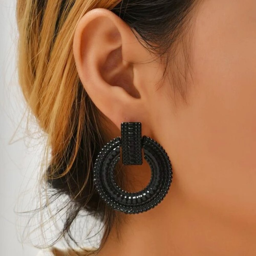 NEW Earrings Black Textured Round Doorknocker‎ Stud Boho Glam Coastal